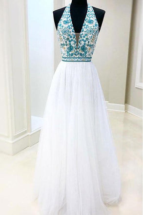 White Chiffon Long Prom Dress V neck With Blue Beaded Bodice Dress