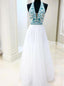 White Chiffon Long Prom Dress V neck With Blue Beaded Bodice Dress