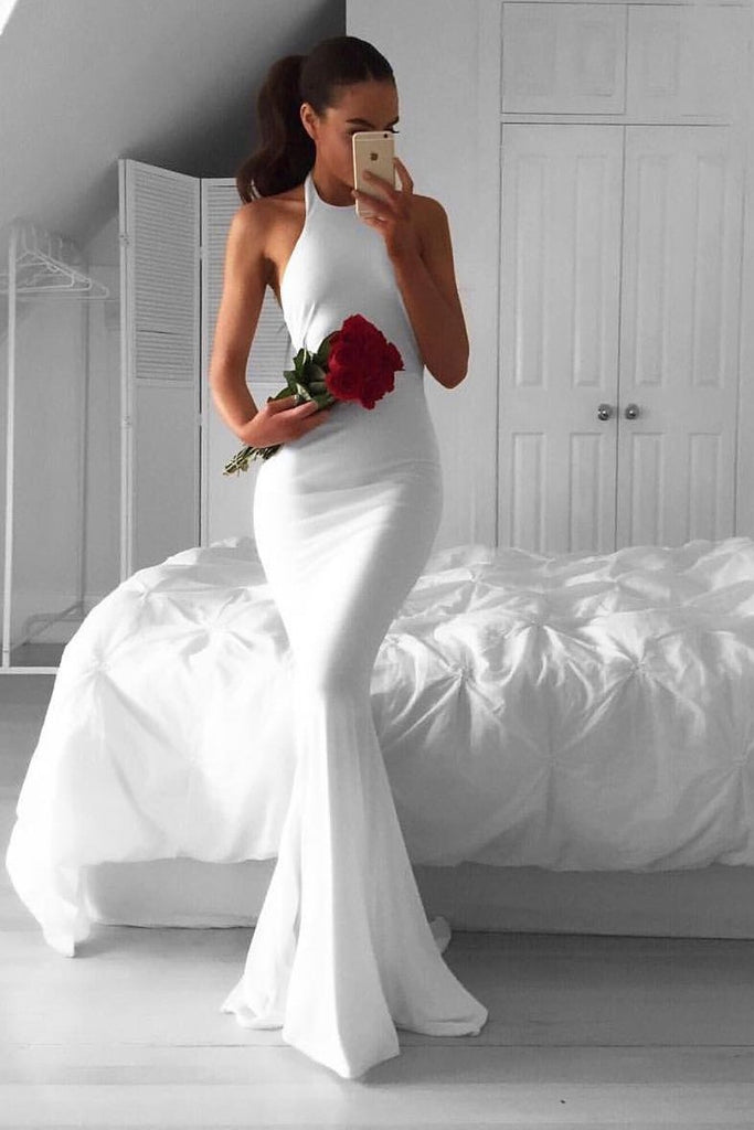 white halter mermaid prom dress backless evening dress dtp107