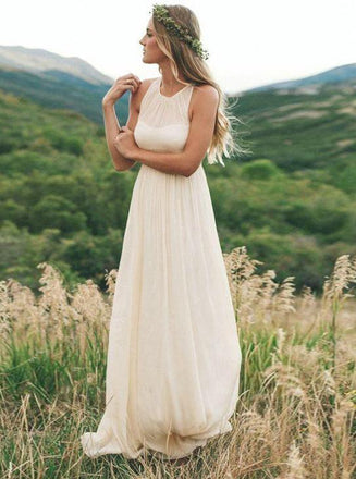 Simple Round Neck Sleeveless Bridal Dresses, Chiffon Long Pleated Wedding Dress