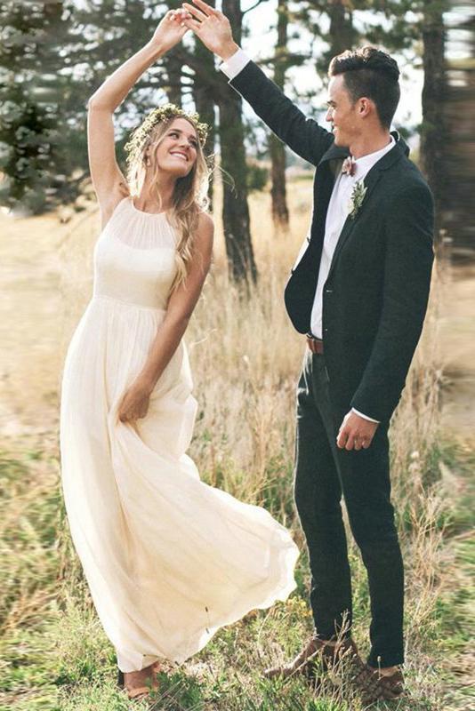 Simple Round Neck Sleeveless Bridal Dresses, Chiffon Long Pleated Wedding Dress