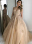 Elegant Tulle V-Neck Lace Applique Beading Prom Evening Dresses