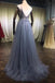 A-line V-Neck Sleeveless Prom Dresses Beading Tulle Evening Dresses