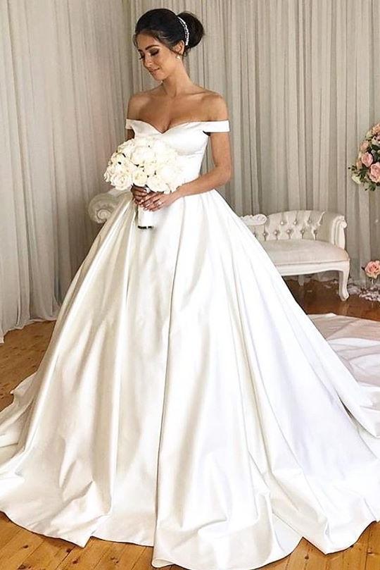 charming off shoulder simple satin ball gown wedding dresses dtw45
