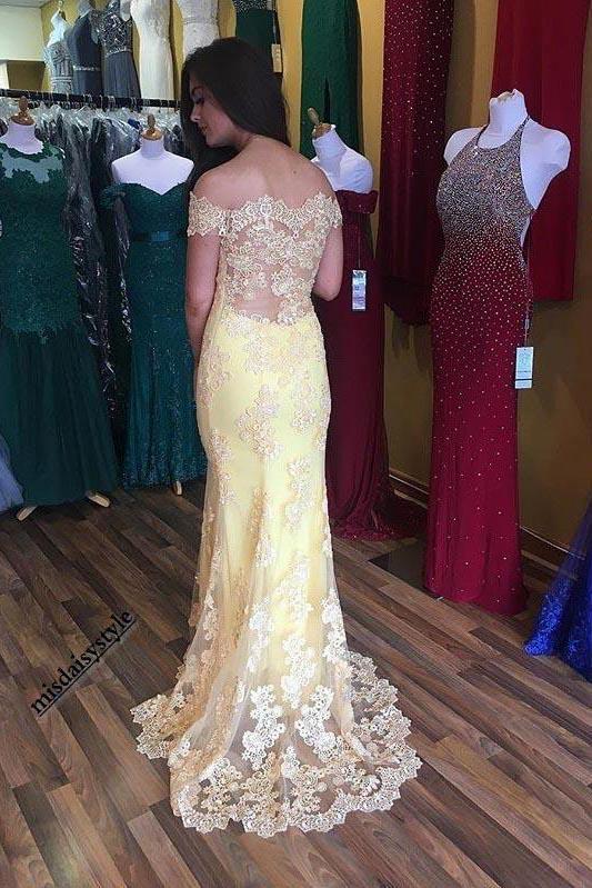 Yellow Long Prom Dress Lace Off The Shoulder Sheath Party Dress