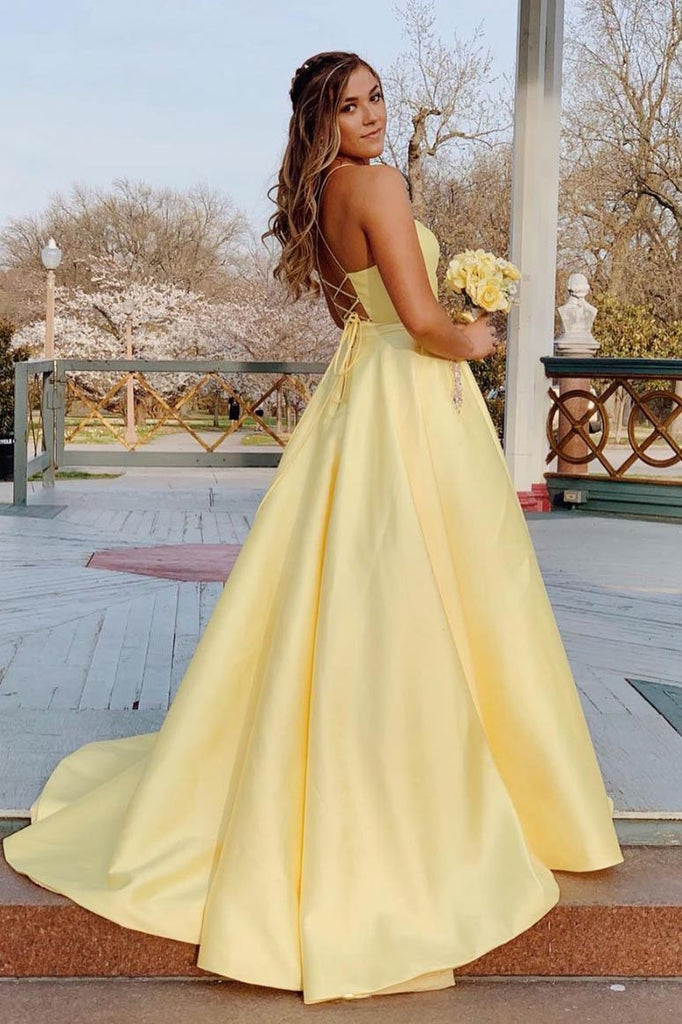 Yellow Long Prom Dress With Beaded Pockets, Backless Evening Dress