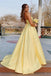 Yellow Long Prom Dress With Beaded Pockets, Backless Evening Dress