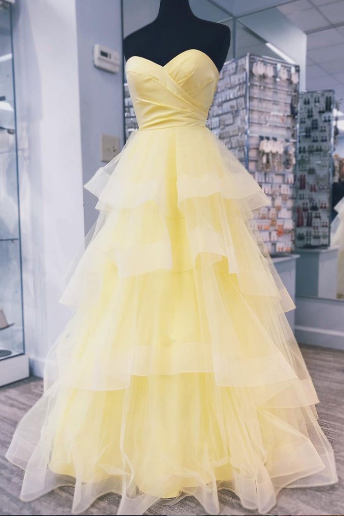 yellow sweetheart tulle long prom dress with layered graduation gown dtp59