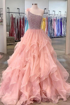 Princess A-line One Shoulder Sleeveless Peach Beaded Long Prom Dresses With Flounced