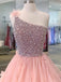 Princess A-line One Shoulder Sleeveless Peach Beaded Long Prom Dresses With Flounced