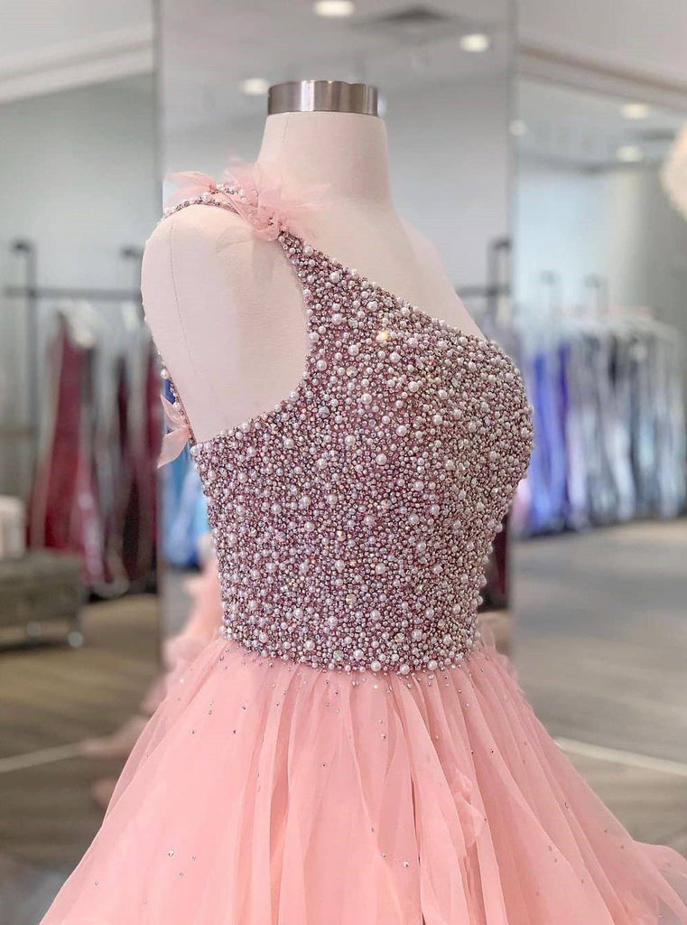 Princess A line One Shoulder Sleeveless Peach Beaded Long Prom