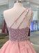 Princess A-line One Shoulder Sleeveless Peach Beaded Long Prom Dresses With Flounced