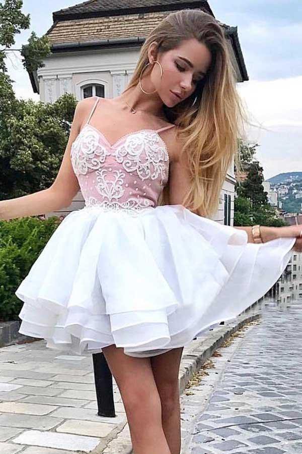 A-Line Spaghetti Straps Tiered White Homecoming Dress with Appliques