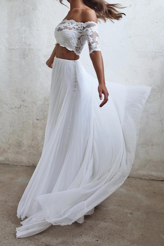 two piece off shoulder bridal gown boho beach chiffon wedding dresses dtw337