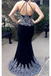 Dark Navy Blue Mermaid V-neck Prom Dresses With Appliques