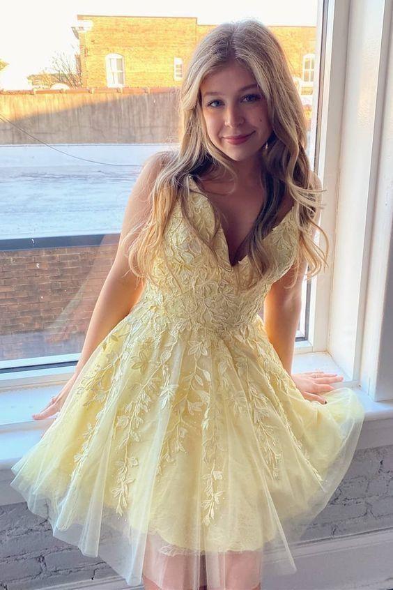 yellow a-line short lace appliques homecoming dress sweet 16 dress dth84