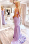 Mermaid Lavender V-Neck Prom Dresses Long Evening Dresses With Beading