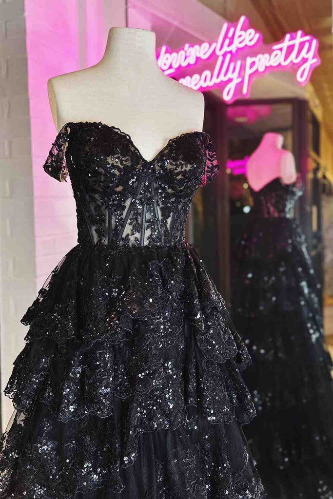 Sparkly Light Blue Corset Tiered Lace Long Prom Dress With Slit