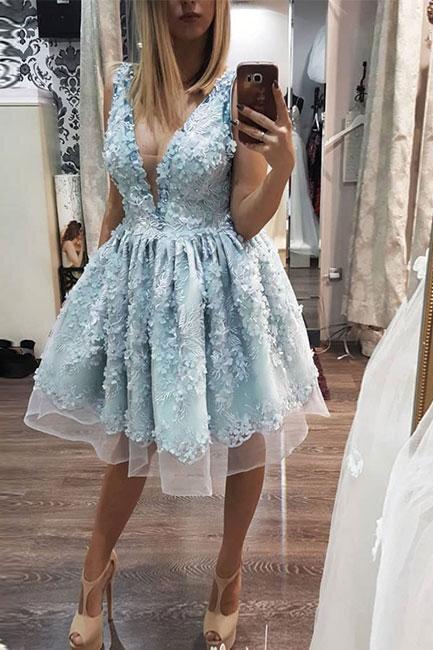 Sky Blue Homecoming Dresses Deep V Neck 3D Floral Appliques Short Prom Dress  DTH376 – DressTok.co.uk