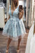 sky blue homecoming dresses deep v neck 3d floral appliques short prom dress dth376