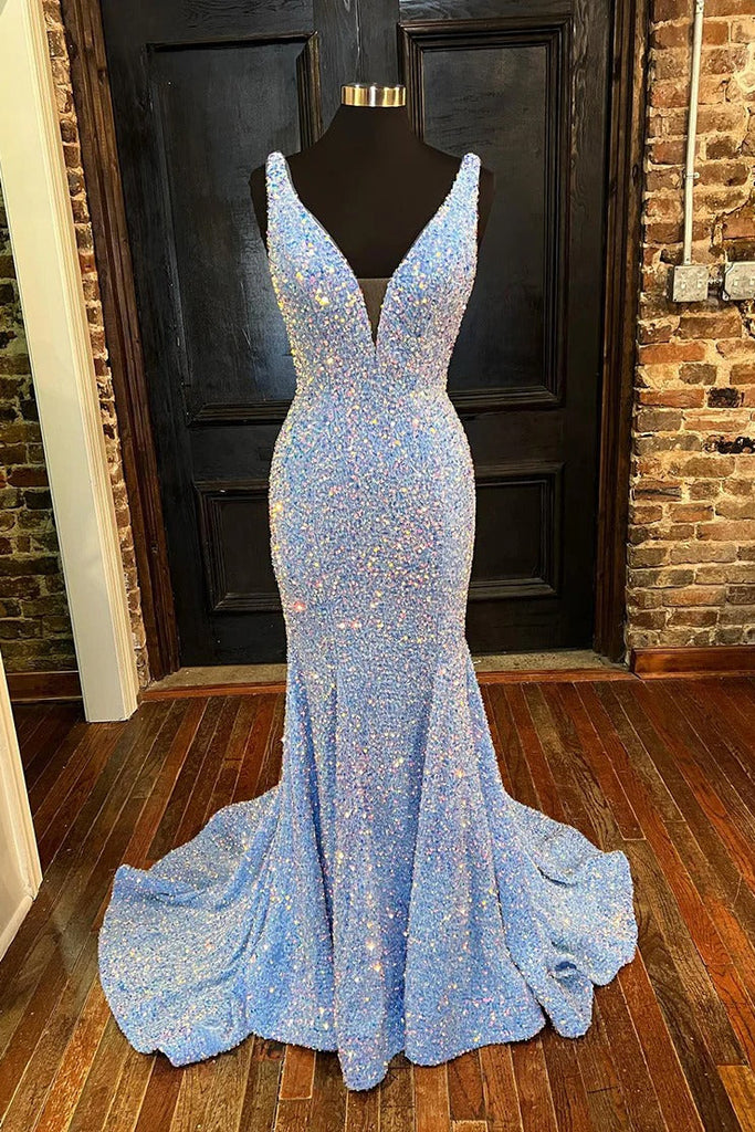 Mermaid V-Neck Light Blue Sequin Backless Dresses, Sparkly Long Prom D