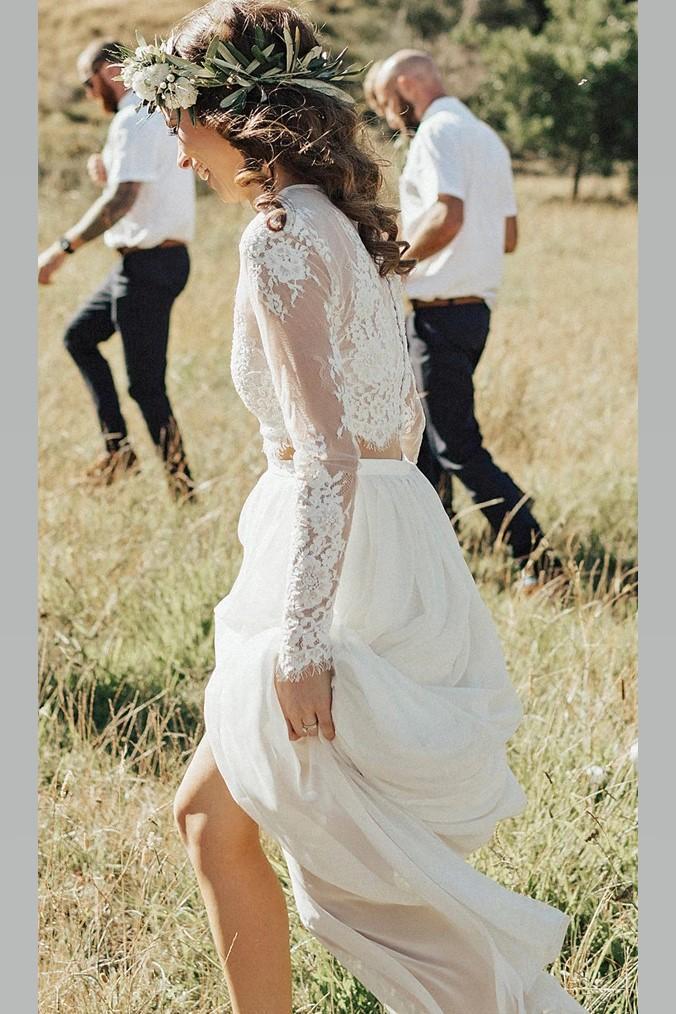 Lace Long Sleeves Beach Wedding Dress Boho Two-piece Chiffon Bridal Gown