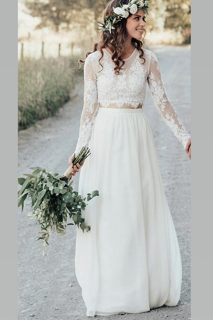 Lace Long Sleeves Beach Wedding Dress Boho Two-piece Chiffon Bridal Gown DTW13 DressTok.co.uk Lace Long Sleeves Beach Wedding Dress Boho Two-piece Chiffon Bridal Gown DTW13 DressTok.co.uk