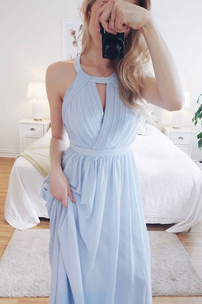round neck foraml party dress chiffon light blue long prom dress dtp632