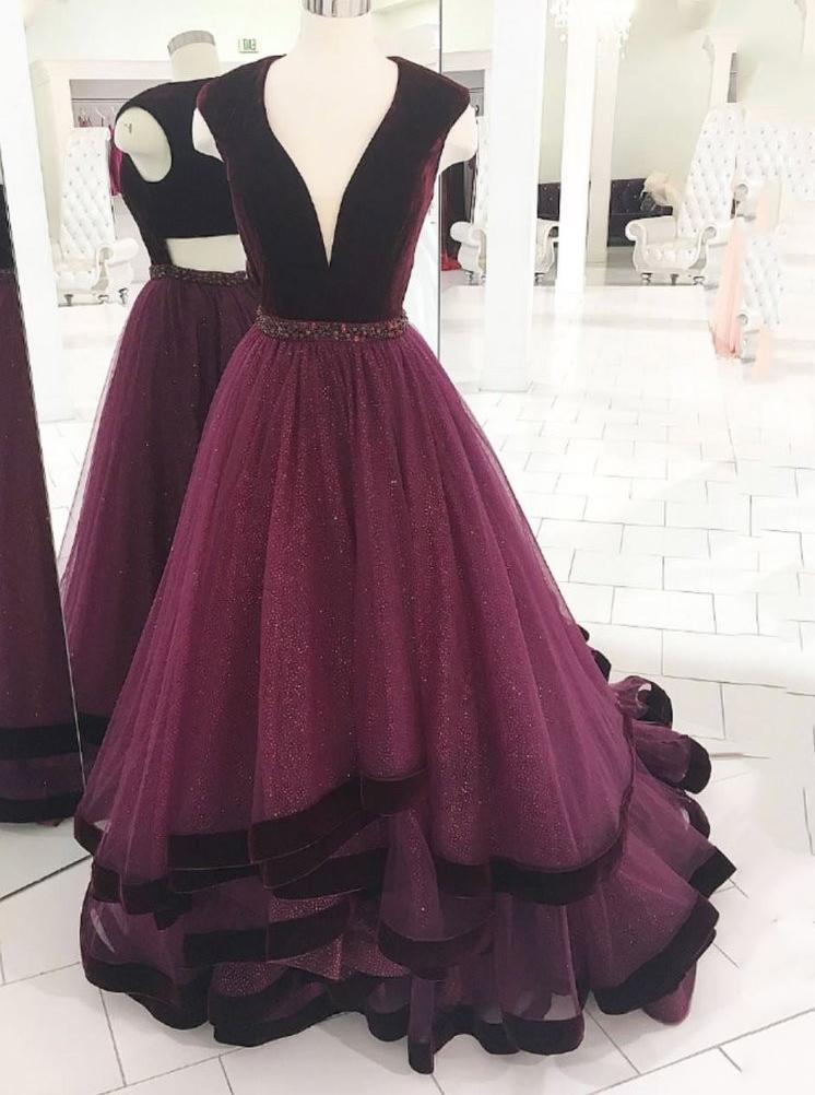 Elegant Grape Long Prom Dress V neck Tulle Formal Evening Gown