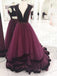 Elegant Grape Long Prom Dress V neck Tulle Formal Evening Gown