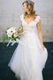 Cap Sleeves A-Line V Neck Tulle Wedding Dresses with Lace Appliques