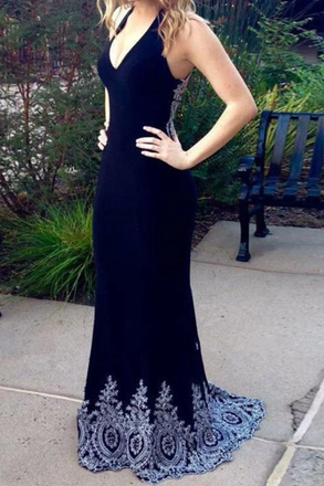dark navy blue mermaid v-neck prom dresses with appliques dtp37