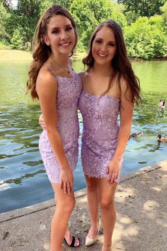 Lavender Lace Short Tight Homecoming Dresses, Sleeveless Bodycon Party Dresses