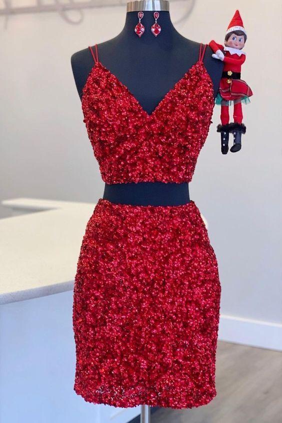v-neck tight party dress two piece red sequined homecoming dress dth30