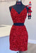 v-neck tight party dress two piece red sequined homecoming dress dth30