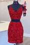 Two Piece Red Sequined Homecoming Dress, V-neck Tight Party Dress