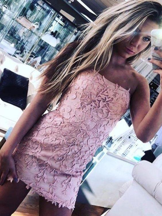 Fitted Strapless Pink Lace Homecoming Dress Tight Cocktail Dress