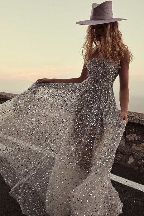 Off Shoulder Silver Sequin Tulle Sleeveless Prom Dresses, Long Evening Gown