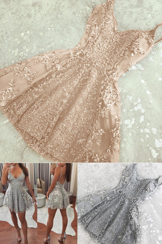 Spaghetti V Neck Lace Appliques Homecoming Dresses, Short Graduation Dresses