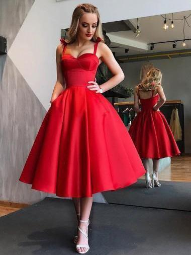 red short prom dress with bowknot straps red satin homecoming dress dtp206