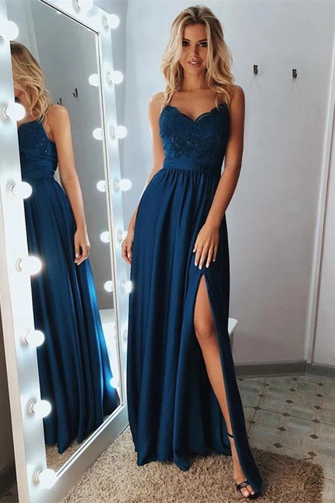 a-line lace applique dark navy long prom dress with split dtp701