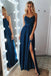 a-line lace applique dark navy long prom dress with split dtp701