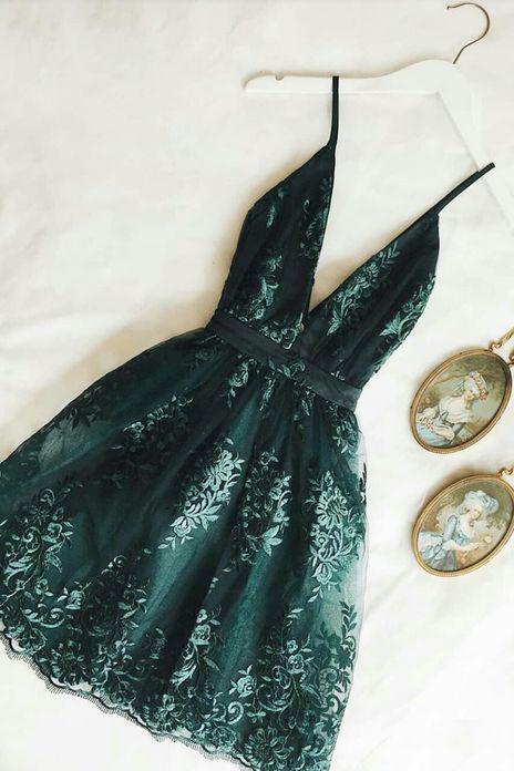 spaghetti straps v neck party gown dark green short homecoming dresses dth67