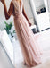A-Line V Neck Simple Sleeveless Beading Long Prom Dresses, Tulle Formal Evening Gown