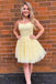 lace appliqued short graduation gown yellow a-line homecoming dress dth45