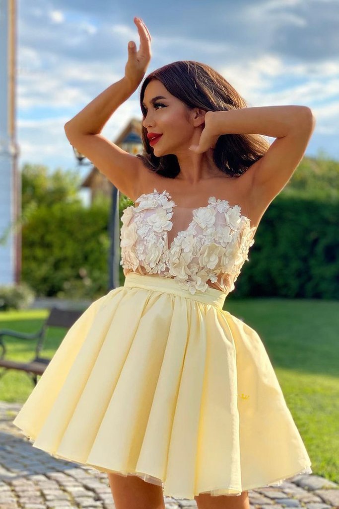 Cute Strapless Yellow Satin Short Homecoming Dress with Flowers,