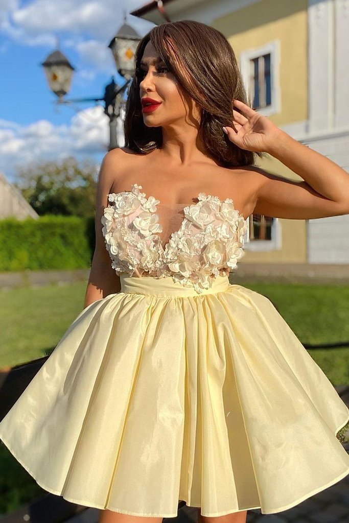 cute strapless yellow satin short homecoming dress with flowers dth51