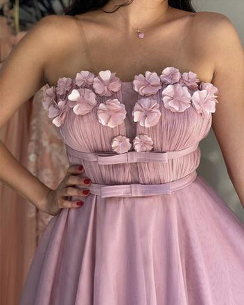 Strapless Tulle Homecoming Dresses With Handmade Flowers,