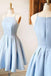 light blue satin short prom dress a-line spaghetti straps homecoming dress dth379