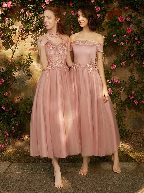 multistyles a-line tulle blush ankle length bridesmaid dresses dtb06